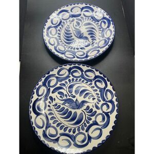 2 Anfora Puebla  Blue Hand Painted Ceramic Bird Dinner Plates Decorative Serving